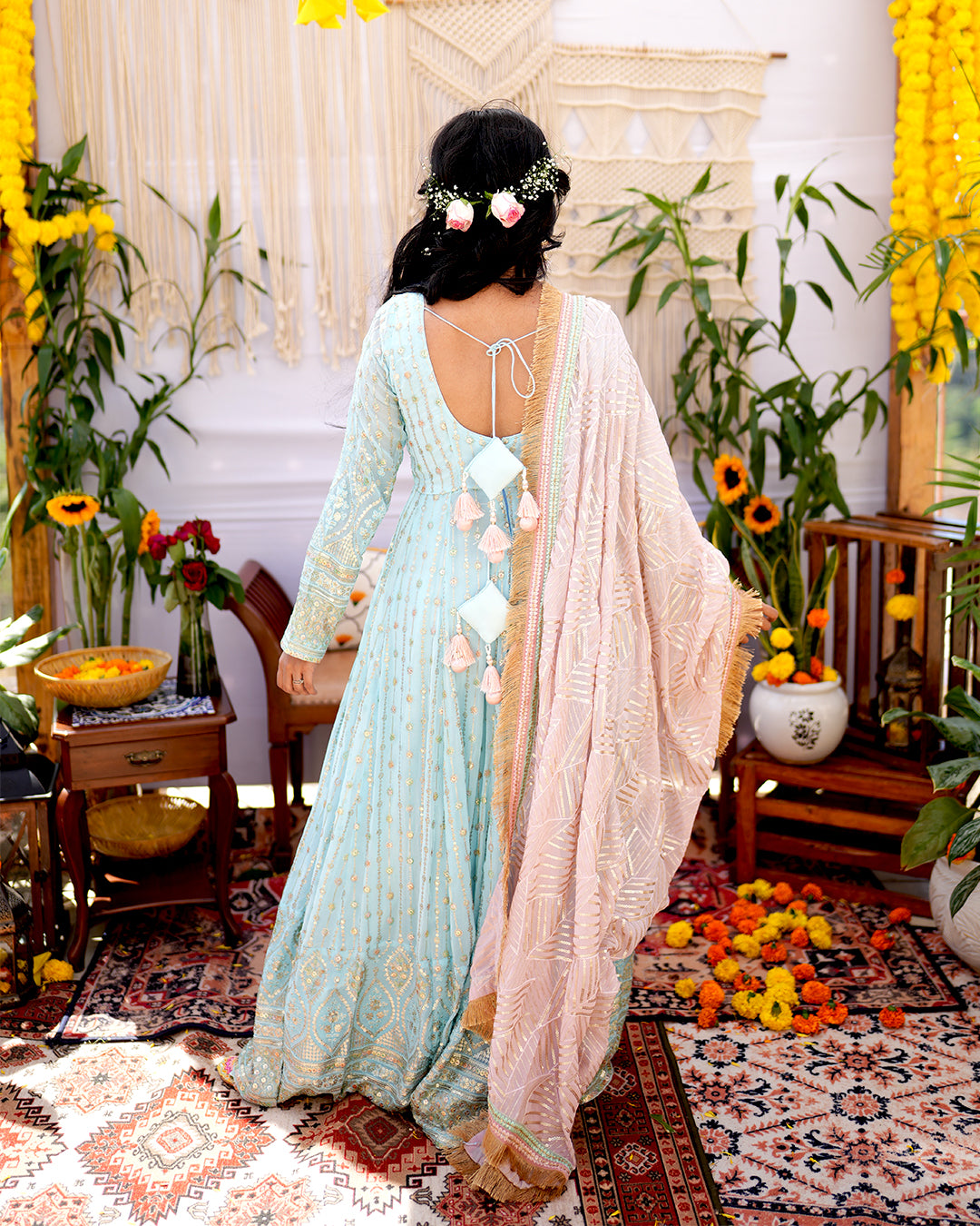 Canal blue Viscose blooming georgette Anarkali