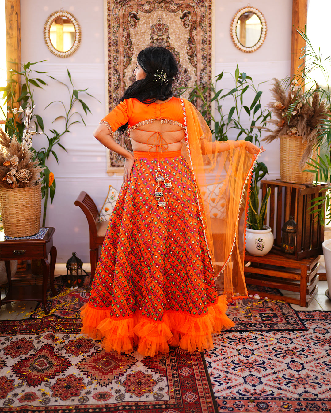 Tangerine orange peacock lehenga set