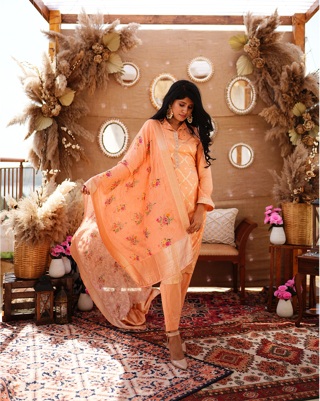 Metal peach pure cotton silk weaving salwar kameez set