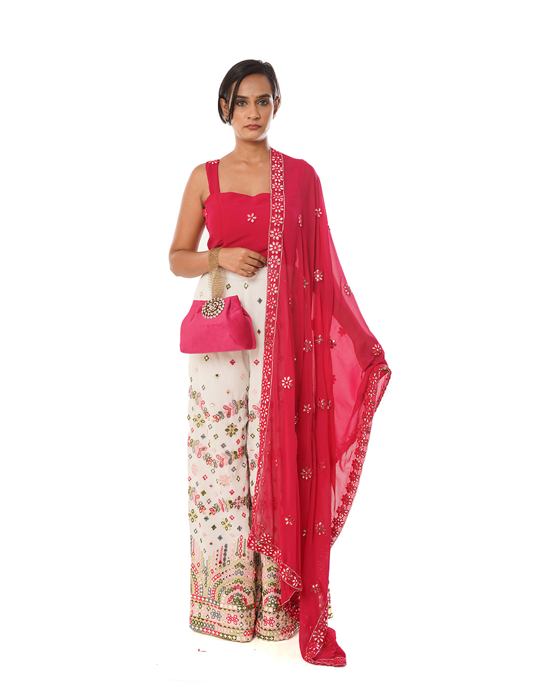 White mirror work palazzo set with georgette dupatta