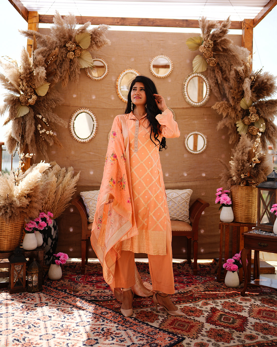 Metal peach pure cotton silk weaving salwar kameez set
