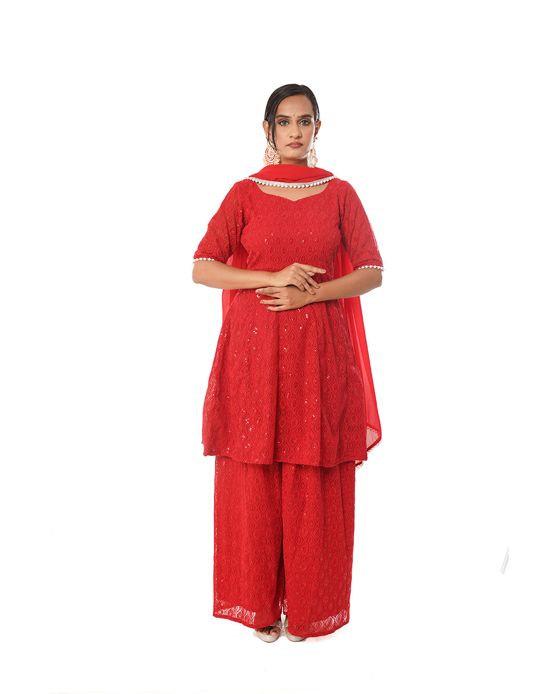 Apple red viscose georgette sequin palazzo suit