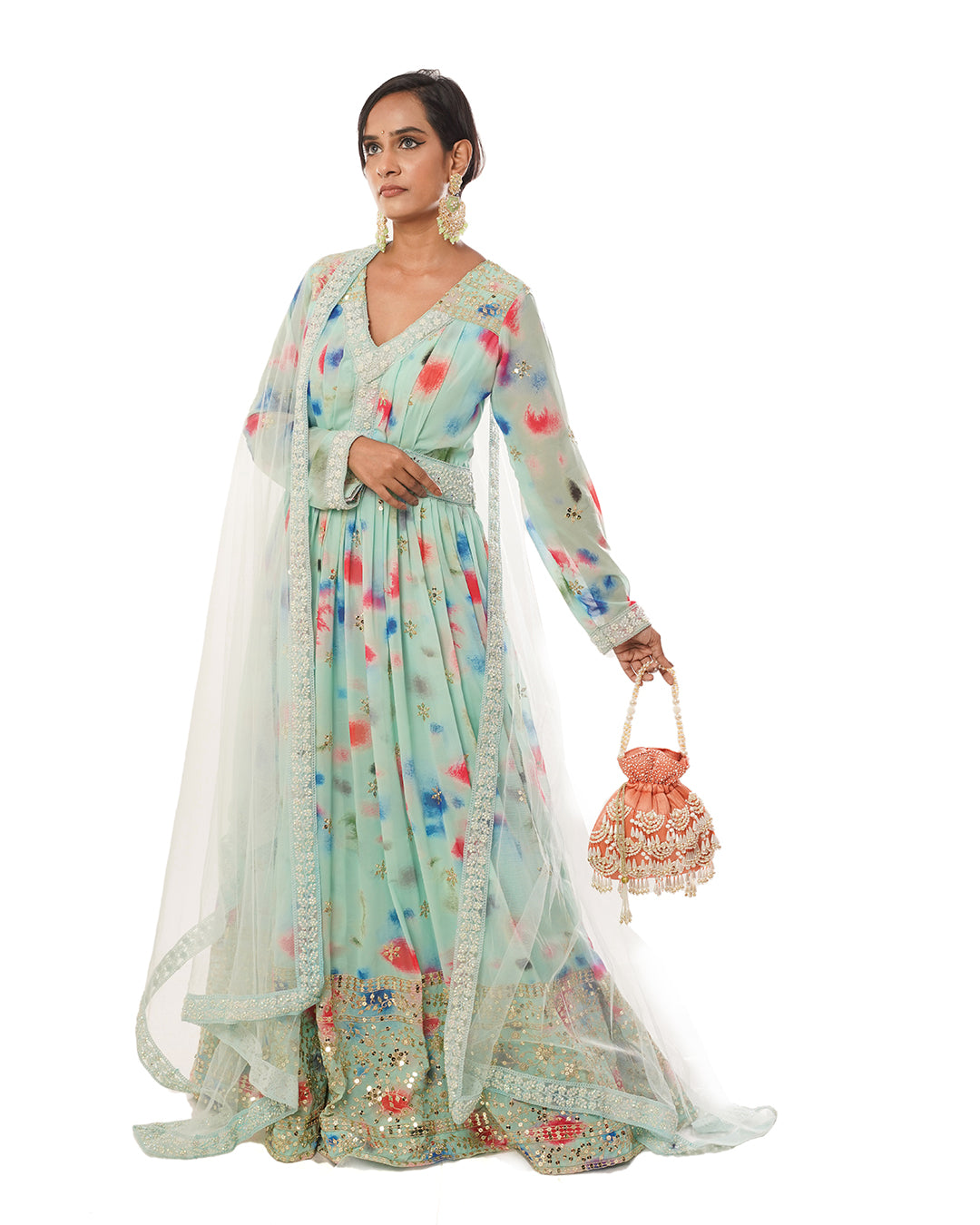 Mint abstract print georgette anarkali set