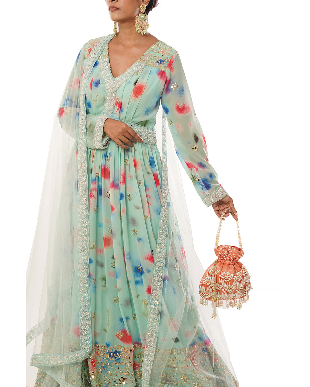 Mint abstract print georgette anarkali set
