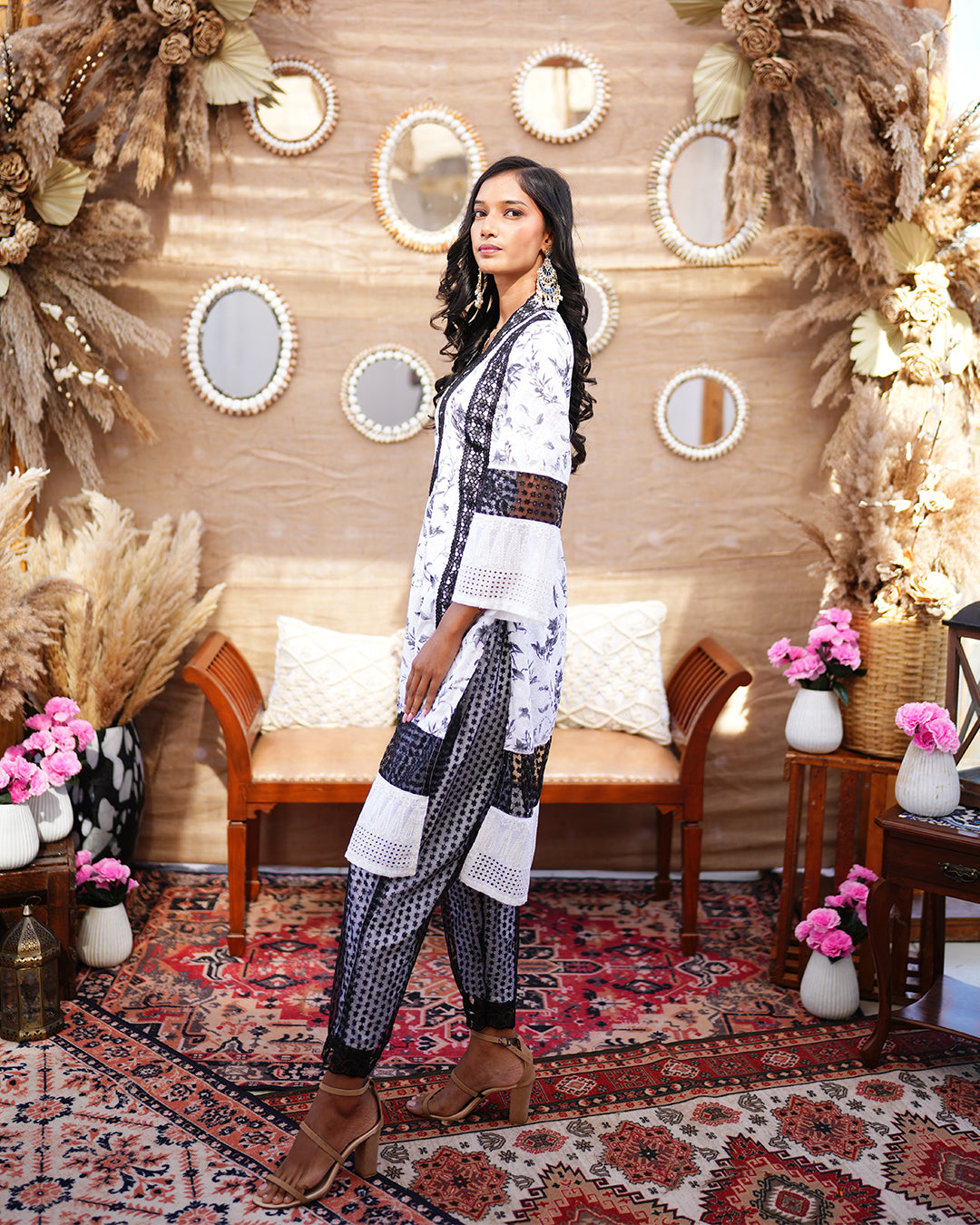 Black and white cotton net salwar suit with digital prints