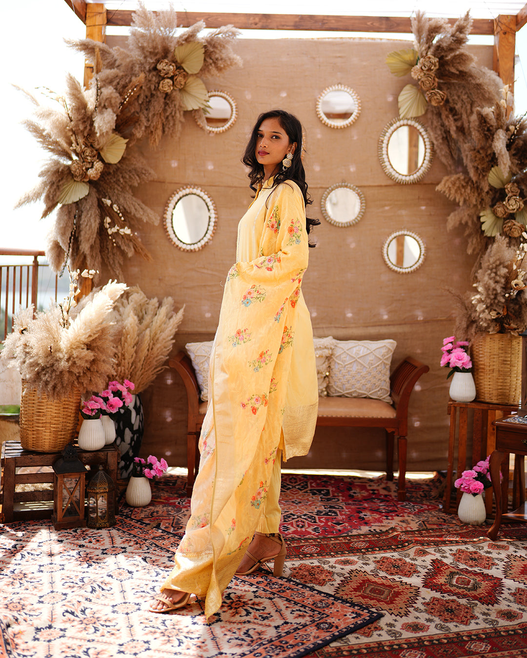 Metal yellow pure cotton silk weaving salwar kameez set