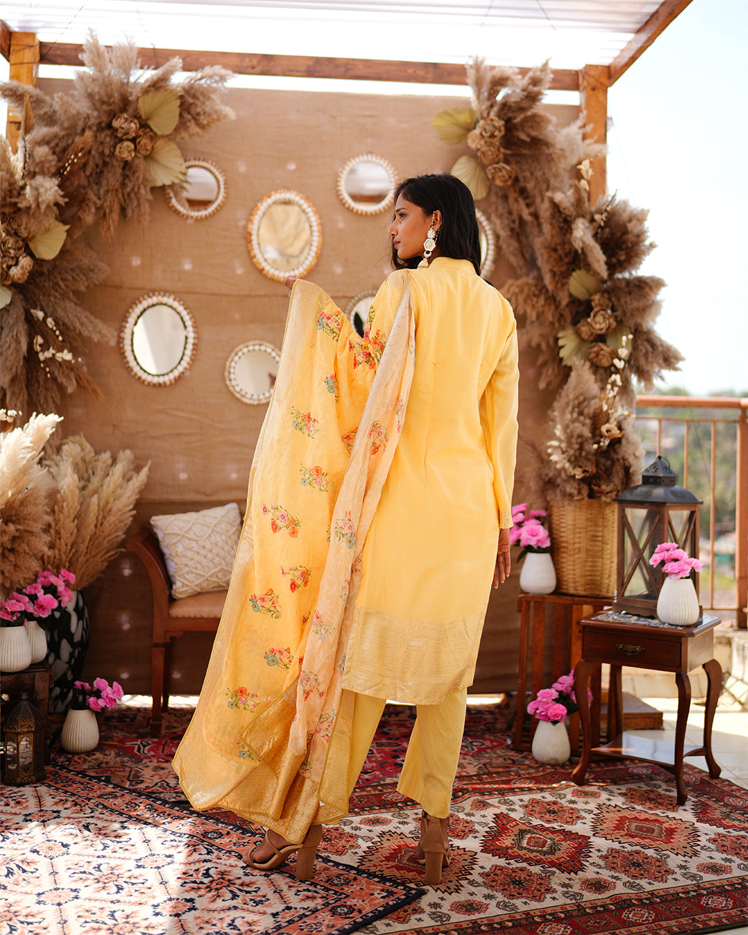 Metal yellow pure cotton silk weaving salwar kameez set