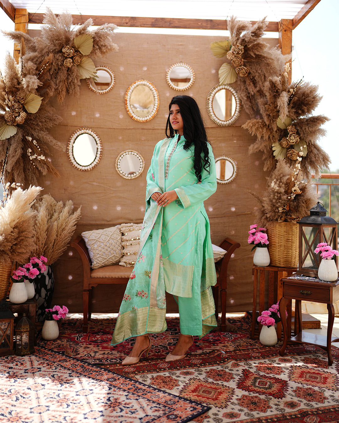 Metal mint green pure cotton silk weaving salwar kameez set