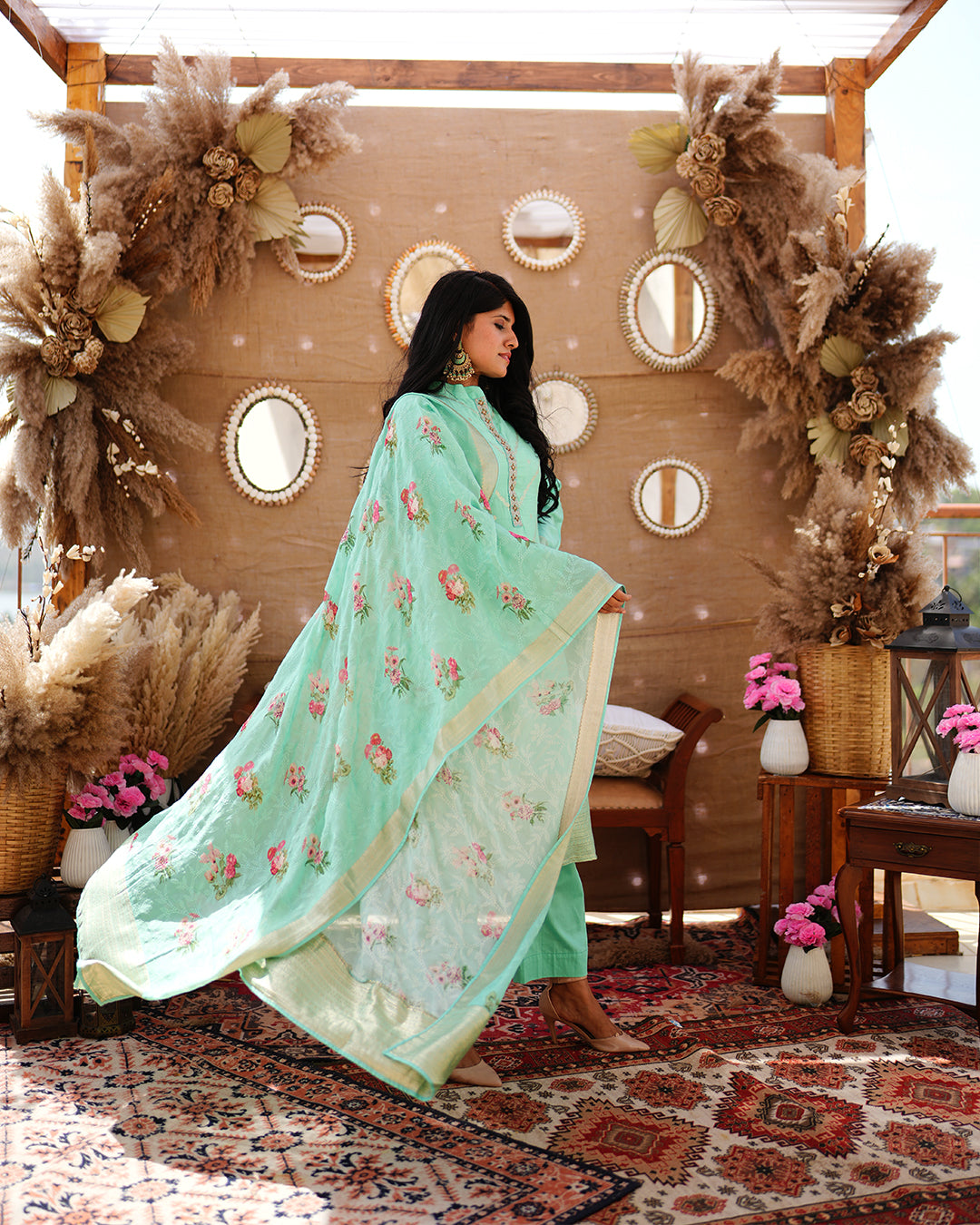 Metal mint green pure cotton silk weaving salwar kameez set