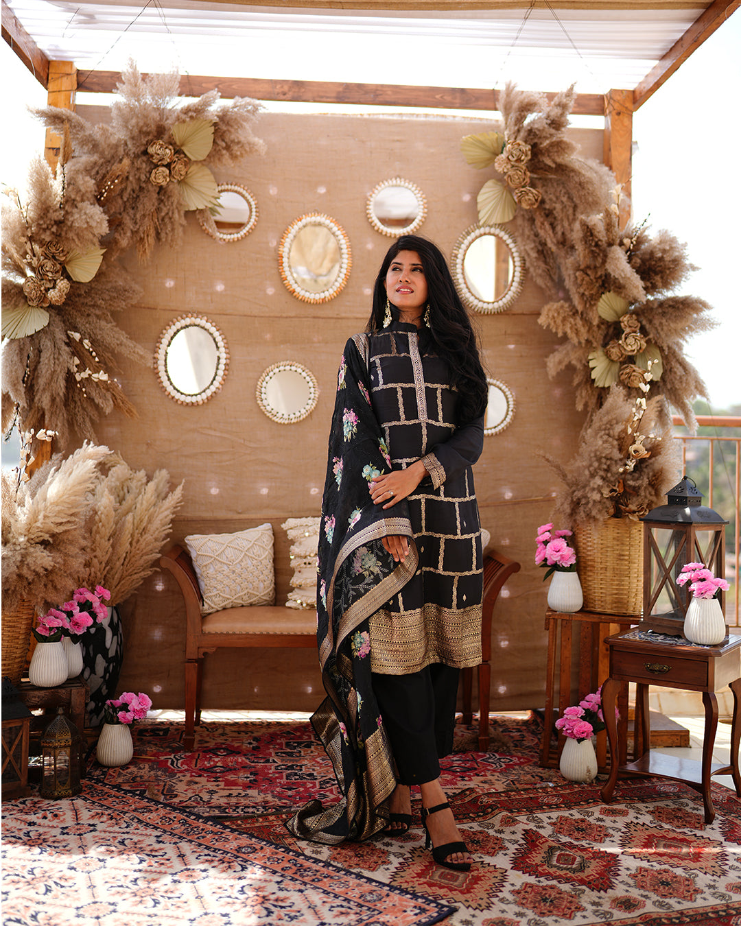 Metal black pure cotton silk weaving salwar kameez set