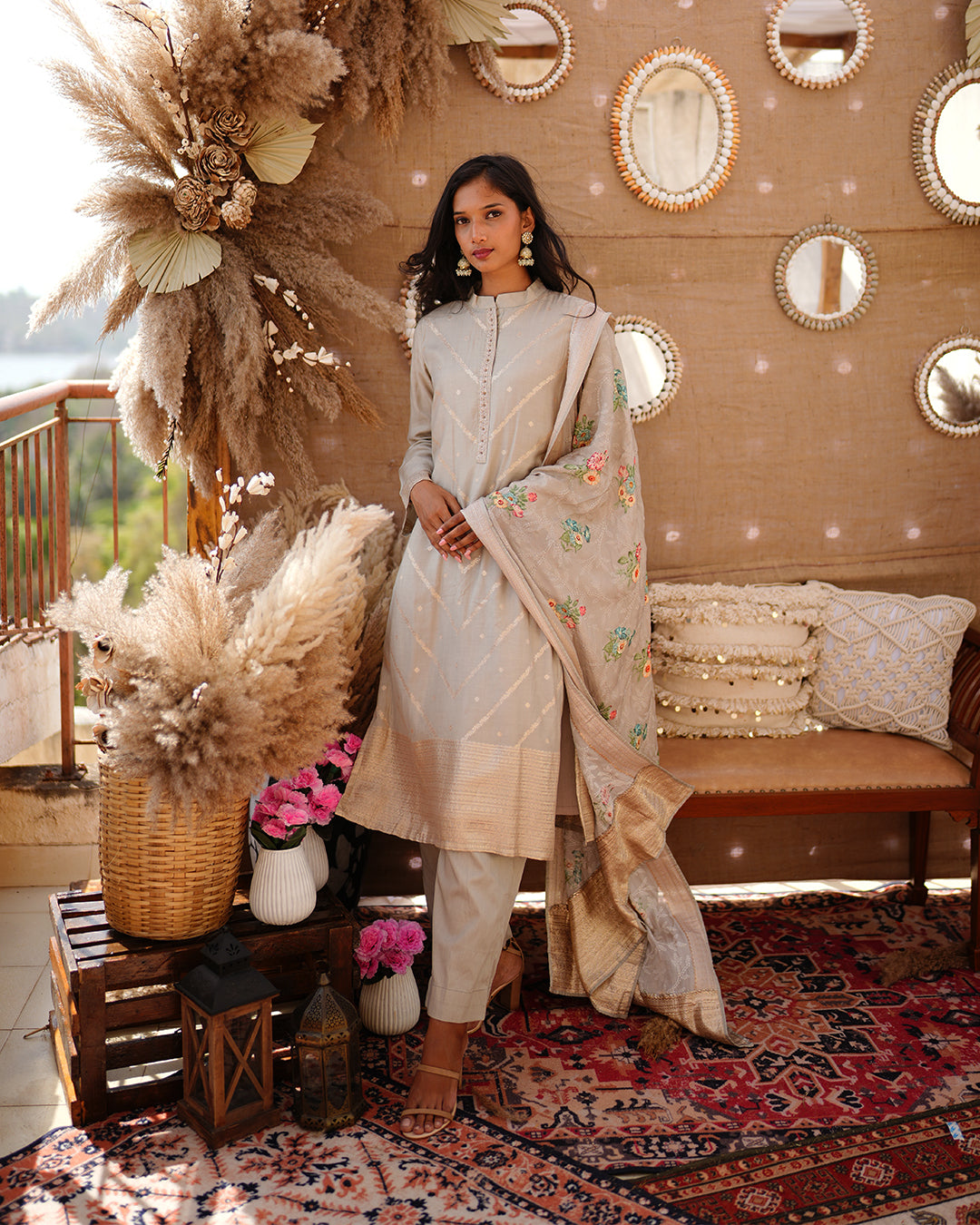 Metal beige pure cotton silk weaving salwar kameez set