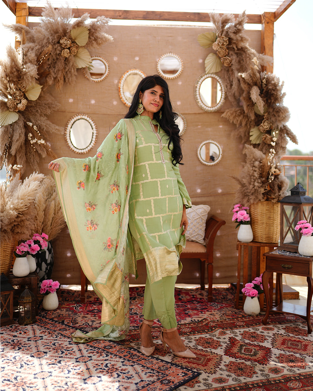 Metal olive green pure cotton silk weaving salwar kameez set