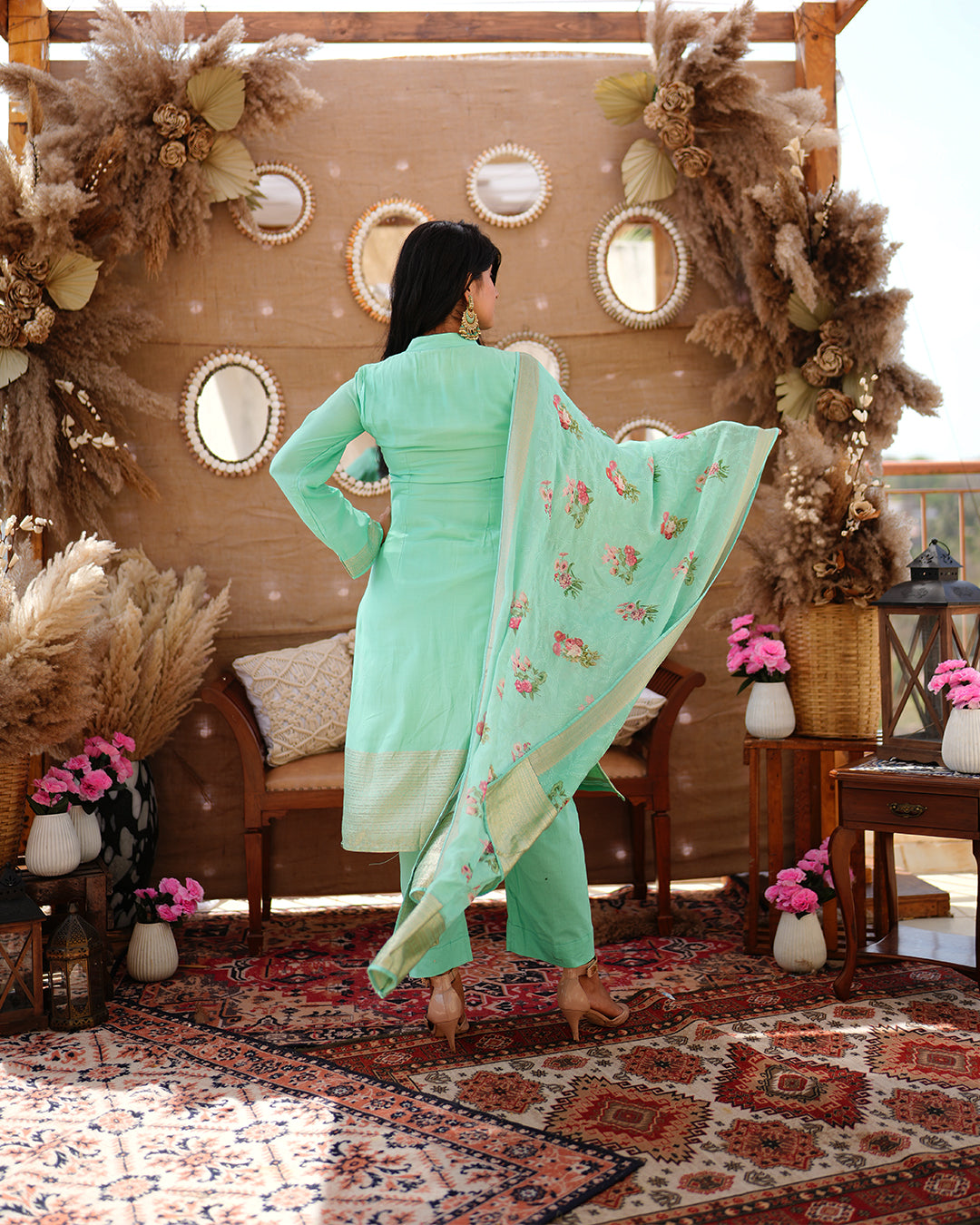 Metal mint green pure cotton silk weaving salwar kameez set