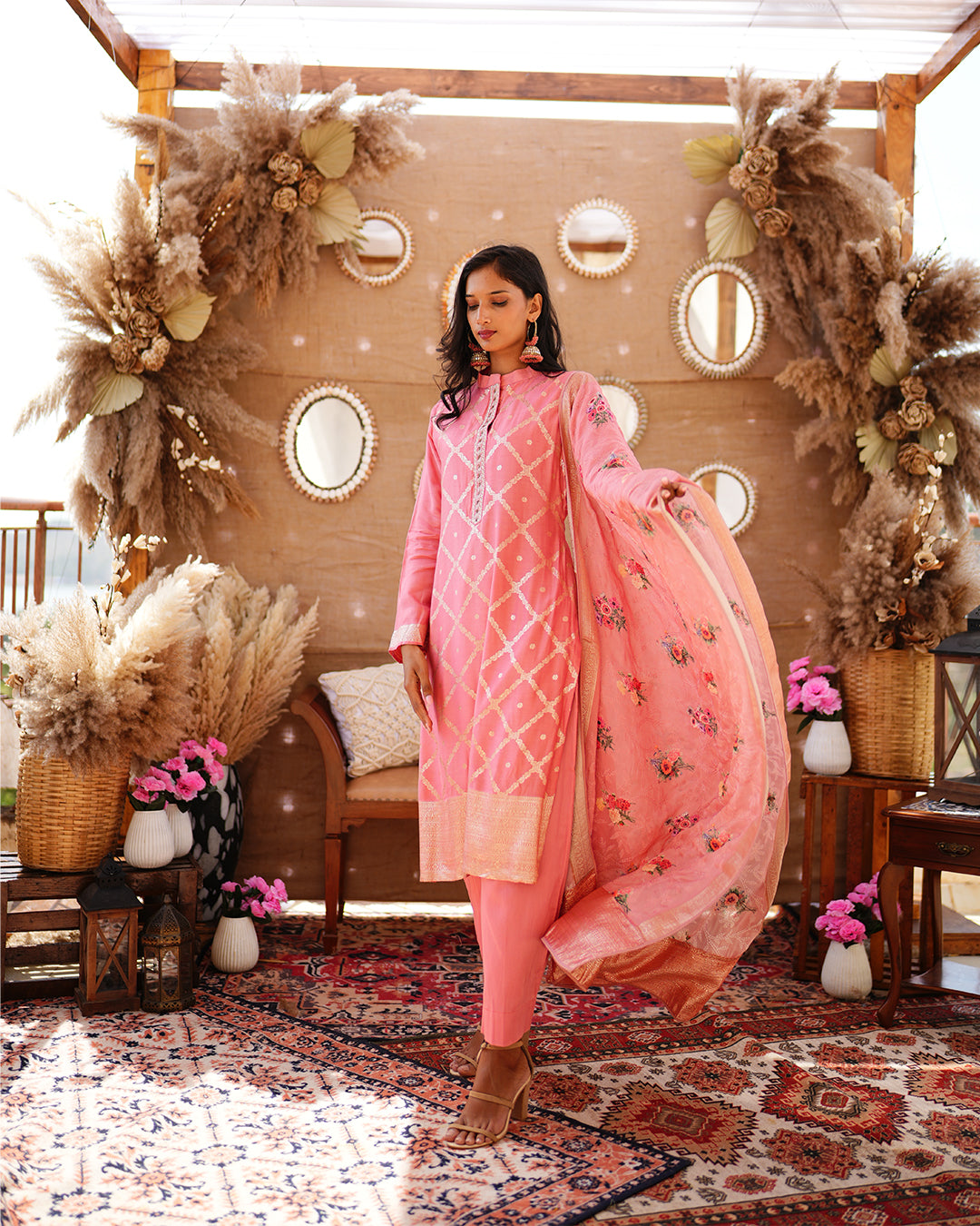 Metal pink pure cotton silk weaving salwar kameez set
