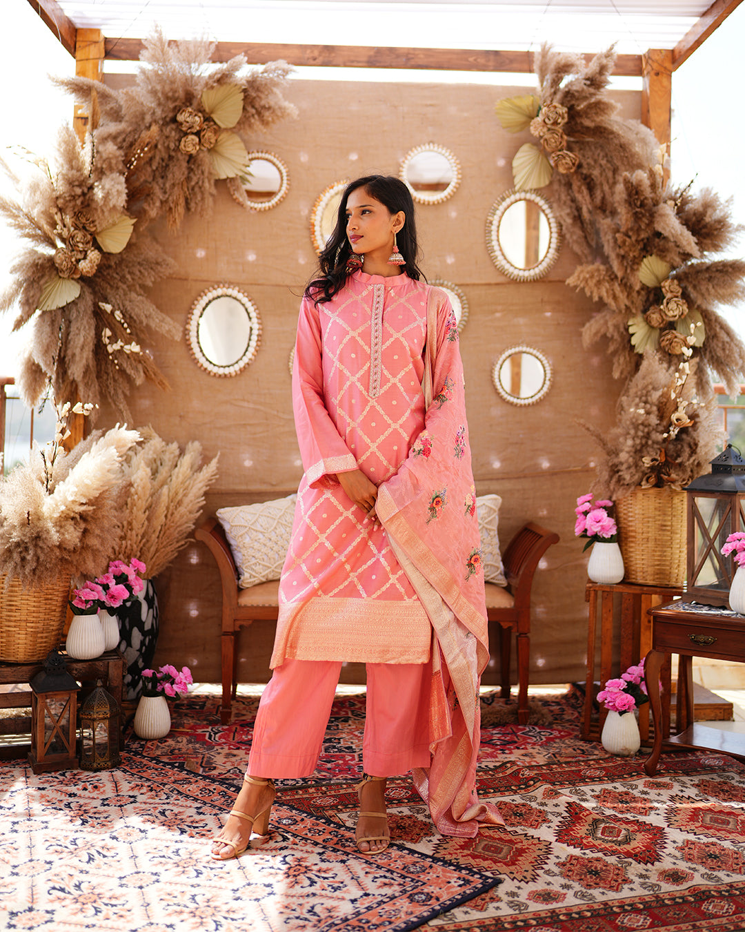 Metal pink pure cotton silk weaving salwar kameez set
