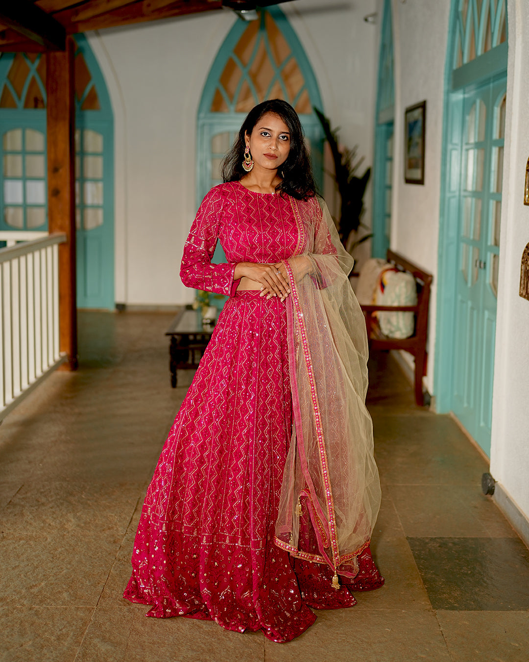 Deep pink Heavy embroidered lehenga set