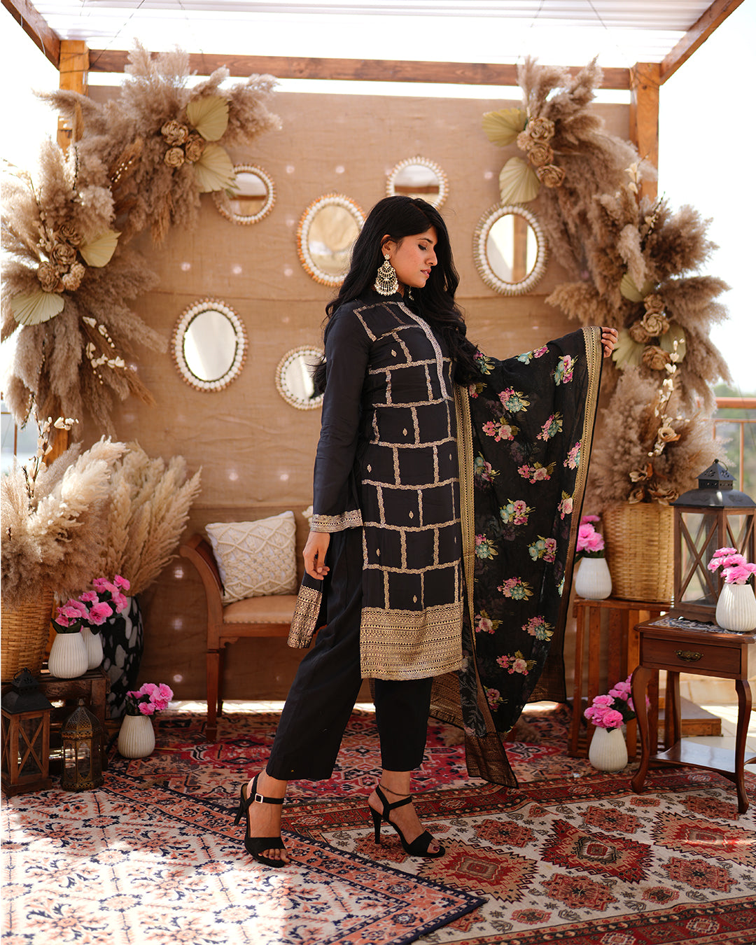 Metal black pure cotton silk weaving salwar kameez set