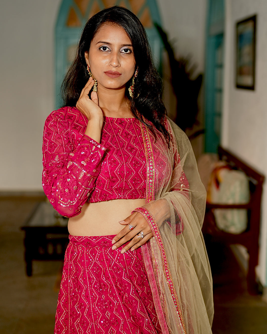 Deep pink Heavy embroidered lehenga set