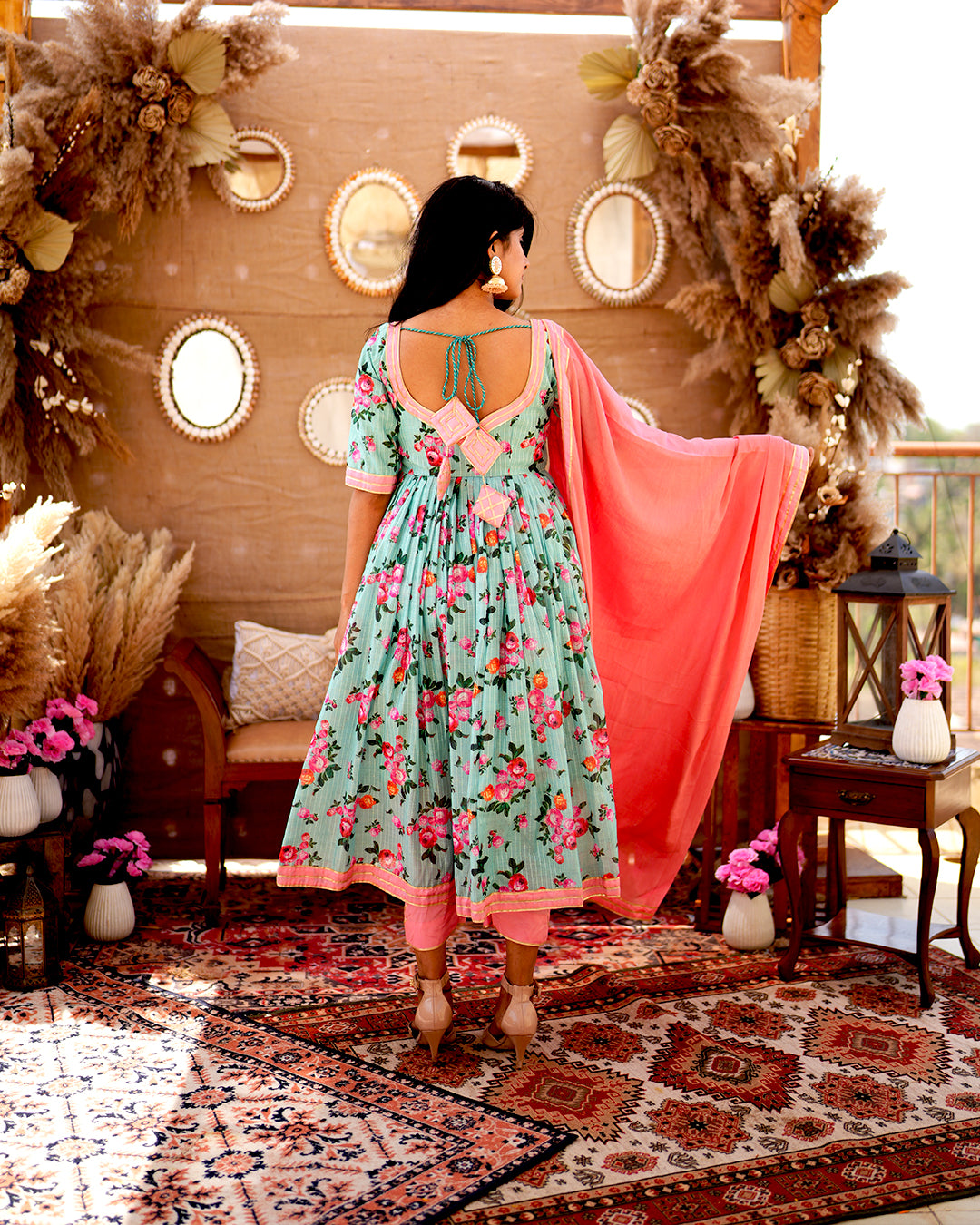 Turquoise green chanderi cotton anarkali set