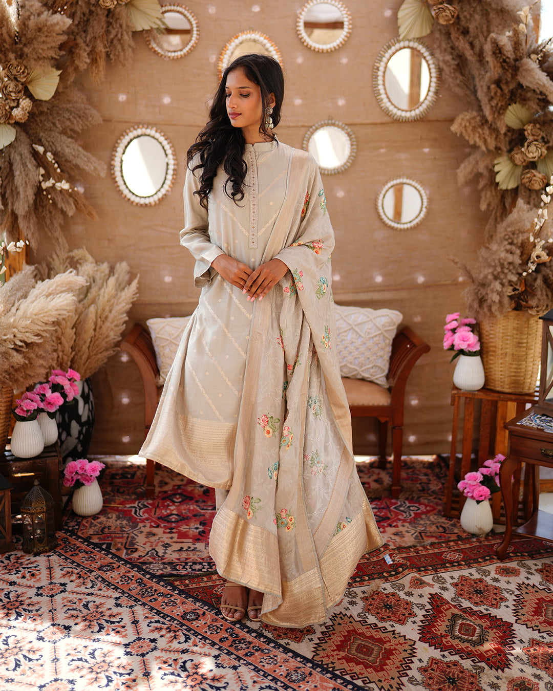 Metal beige pure cotton silk weaving salwar kameez set