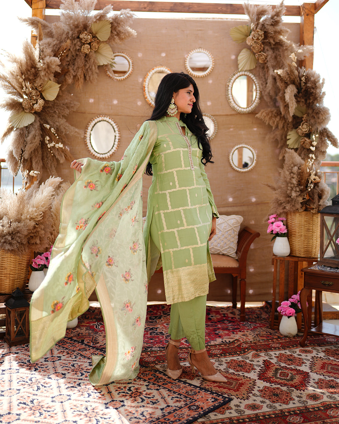 Metal olive green pure cotton silk weaving salwar kameez set