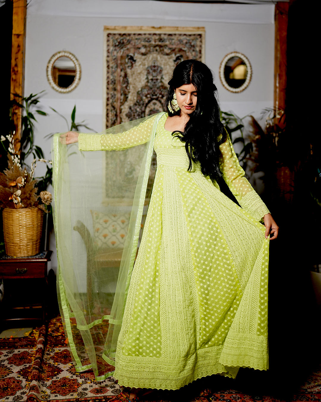 GREEN GEORGETTE CHIKANKARI ANARKALI