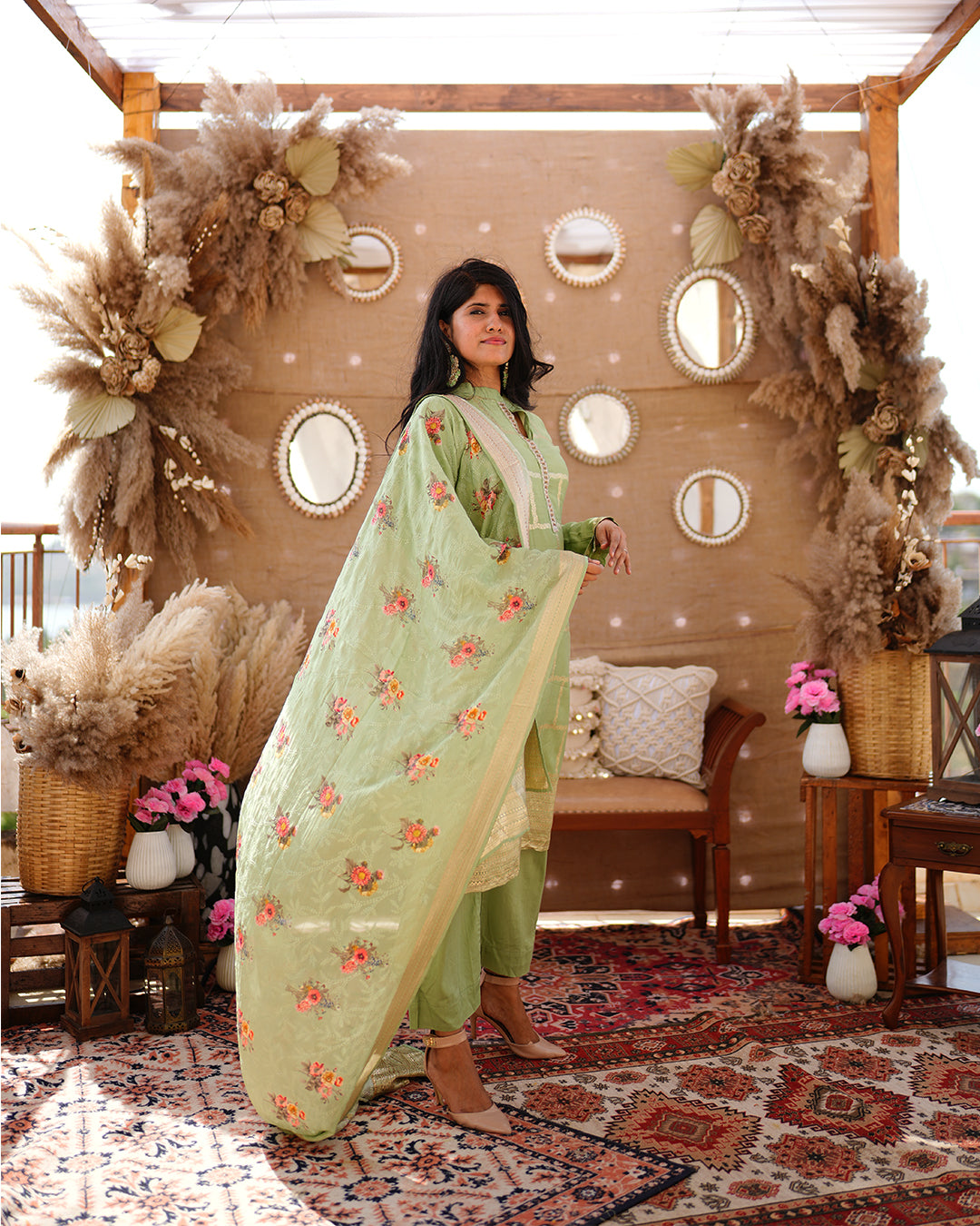 Metal olive green pure cotton silk weaving salwar kameez set