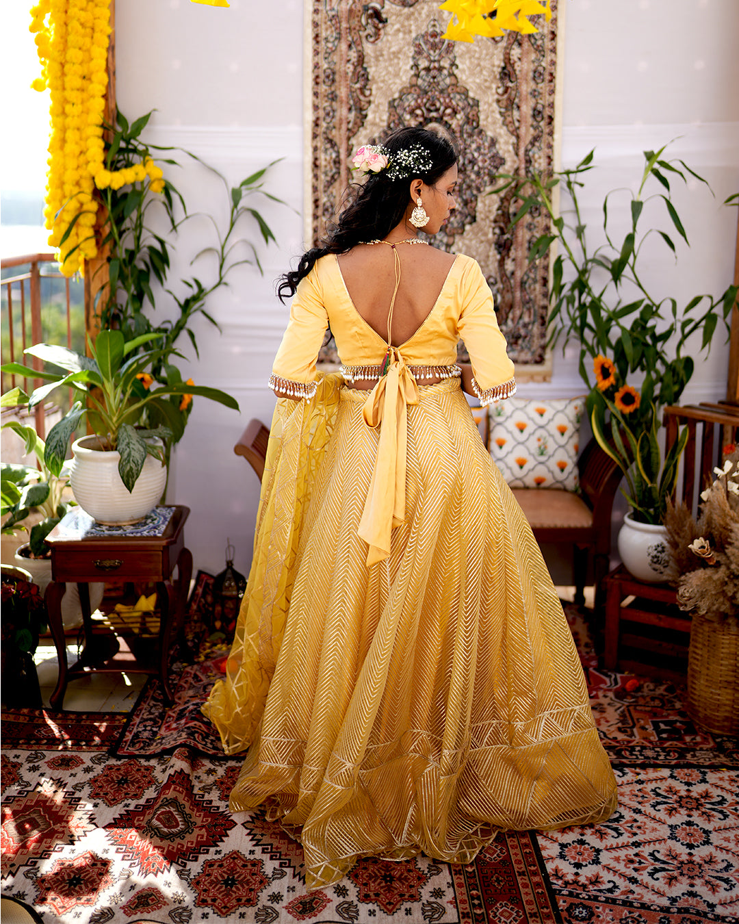 Mustard yellow premium net material Gota work lehenga
