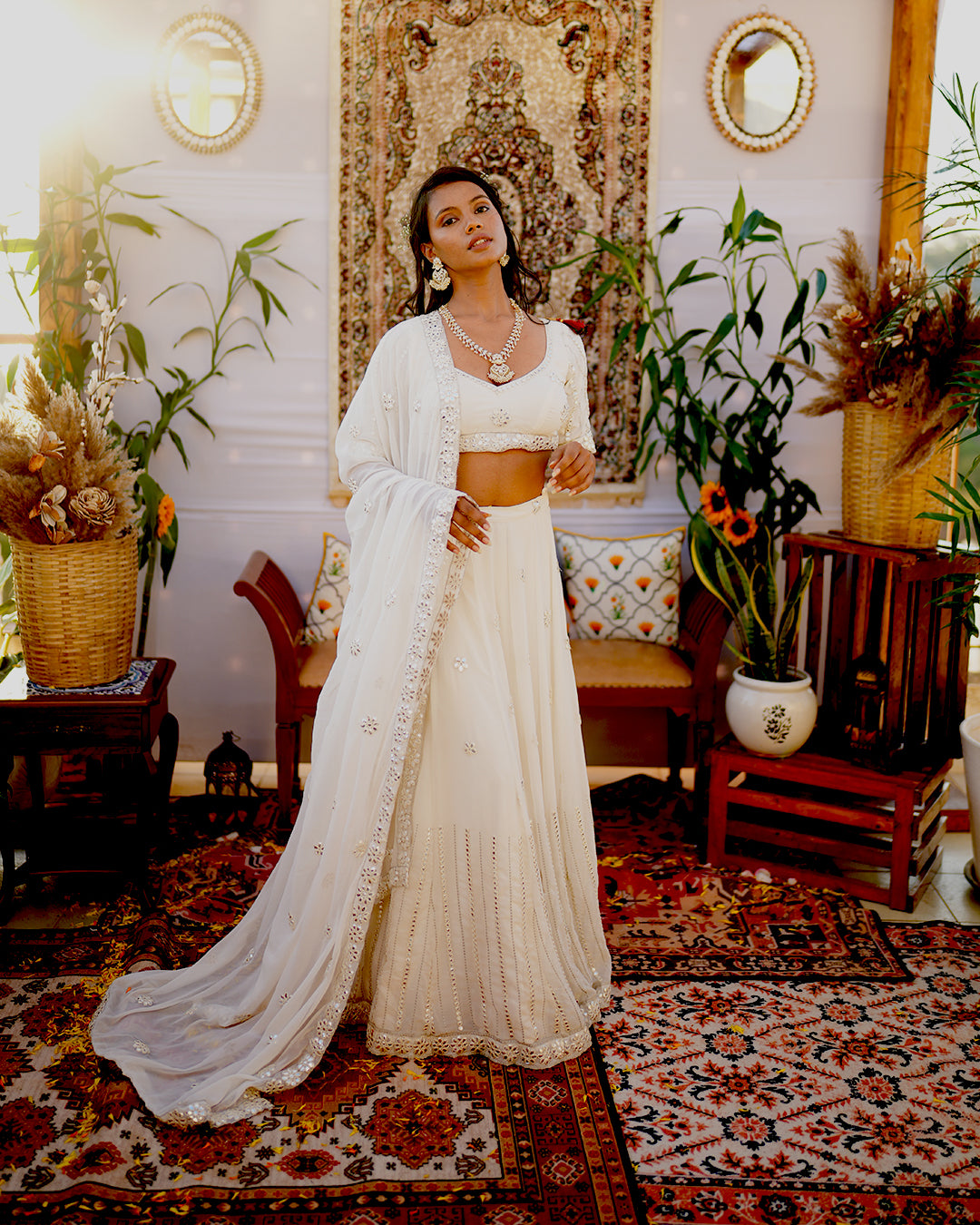 Oyster white Illusion Mirror cut work Lehenga