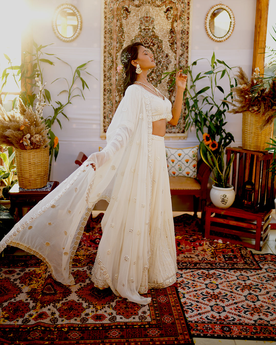 Oyster white Illusion Mirror cut work Lehenga