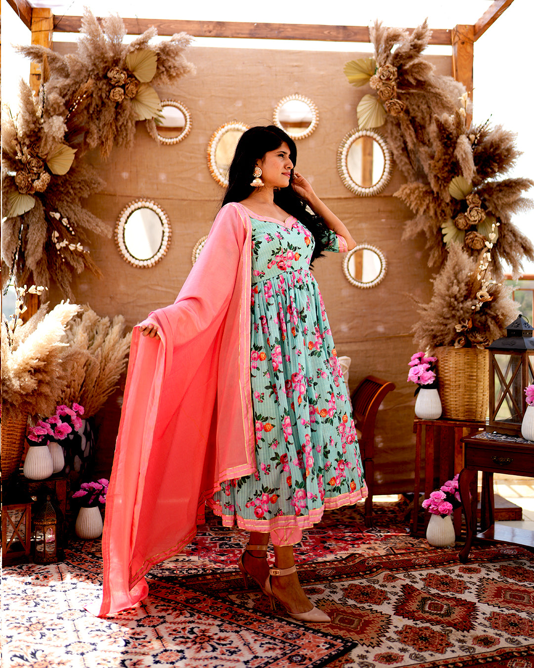 Turquoise green chanderi cotton anarkali set