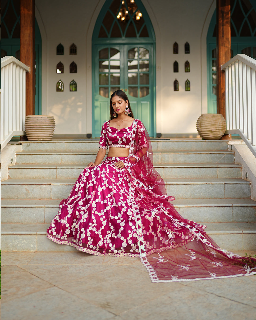 Magenta pink flower embroidered