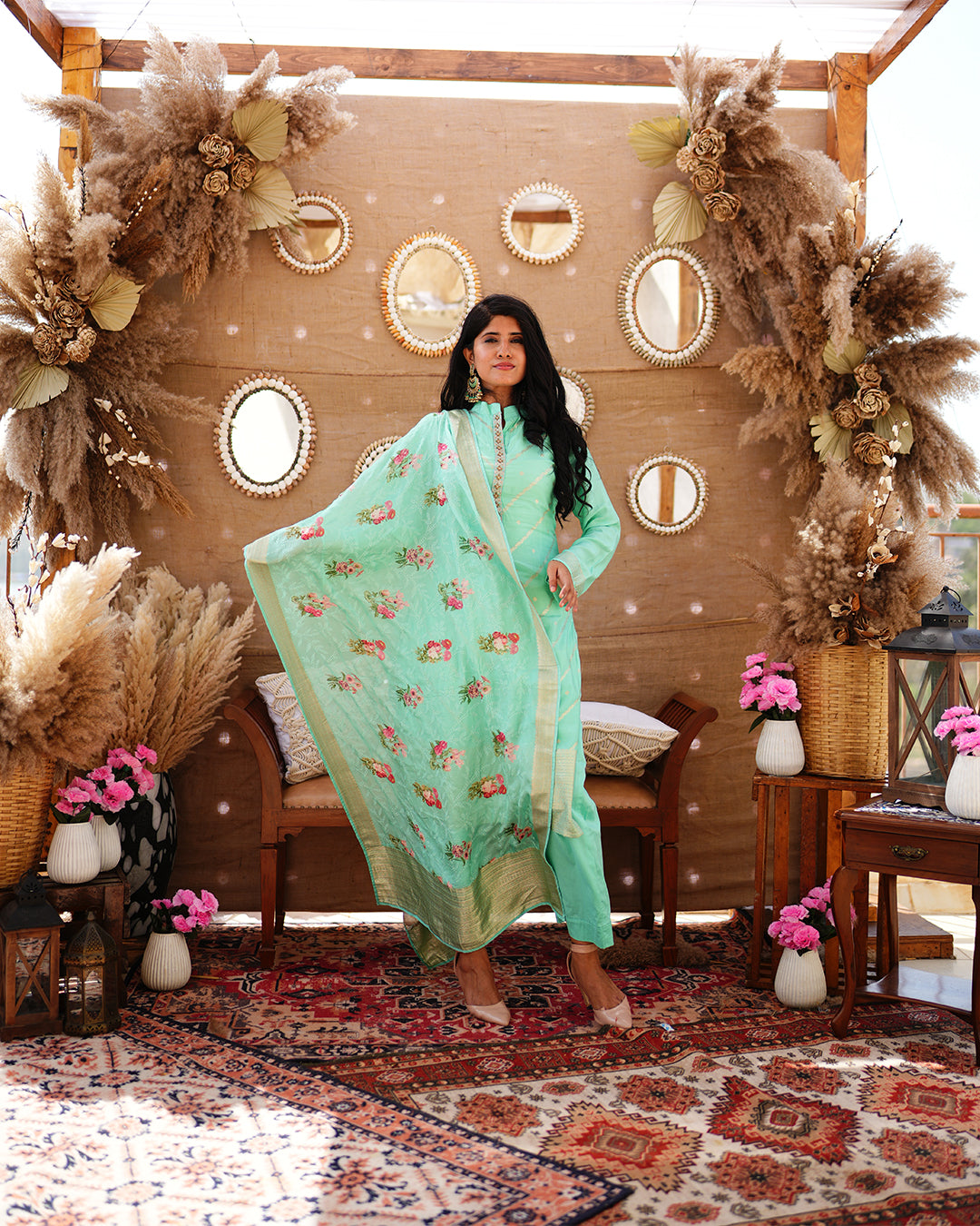 Metal mint green pure cotton silk weaving salwar kameez set