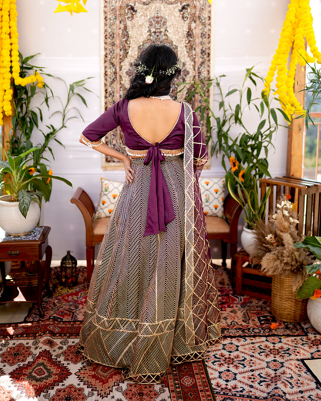 Wine premium net material Golden Gota work lehenga