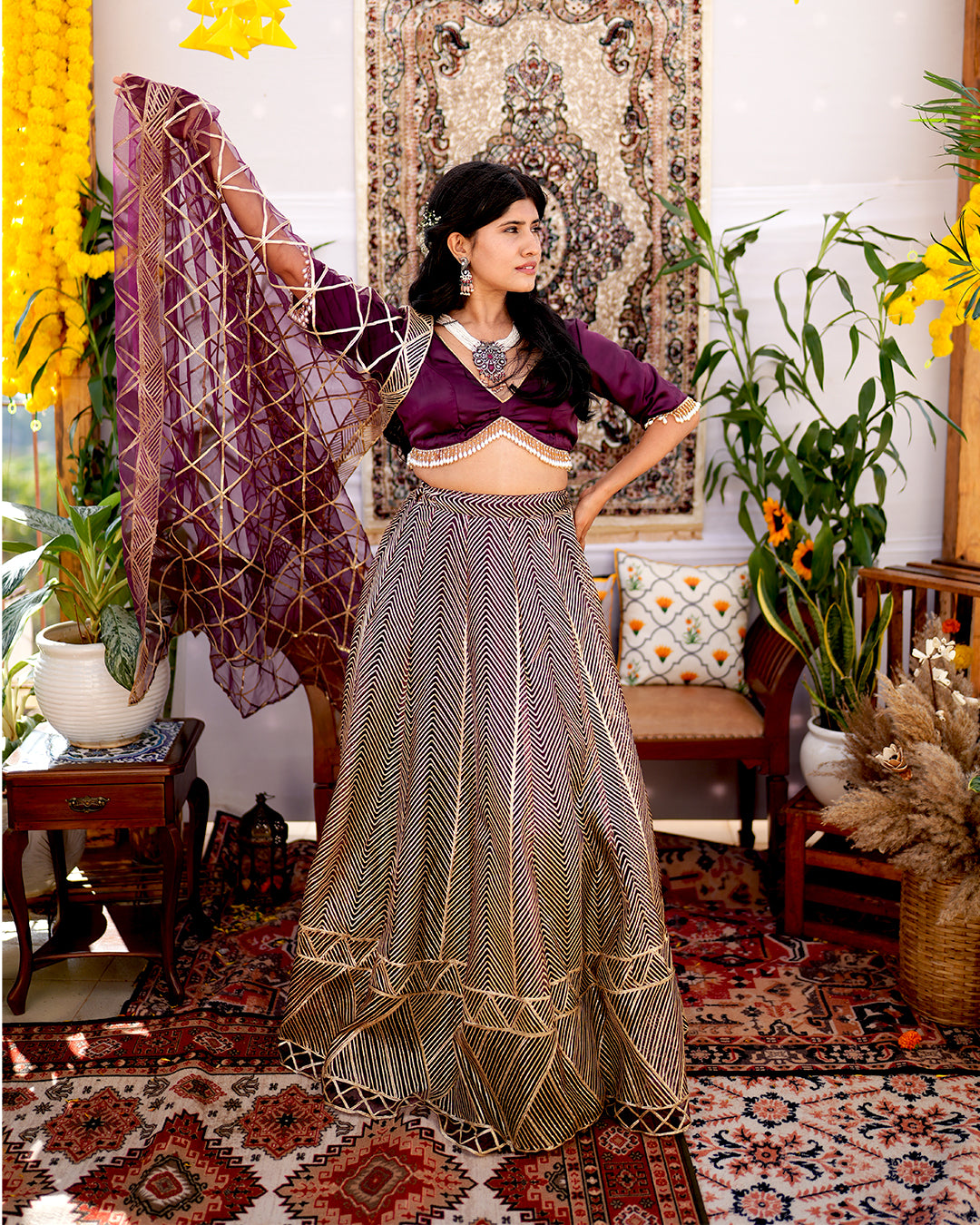 Wine premium net material Golden Gota work lehenga