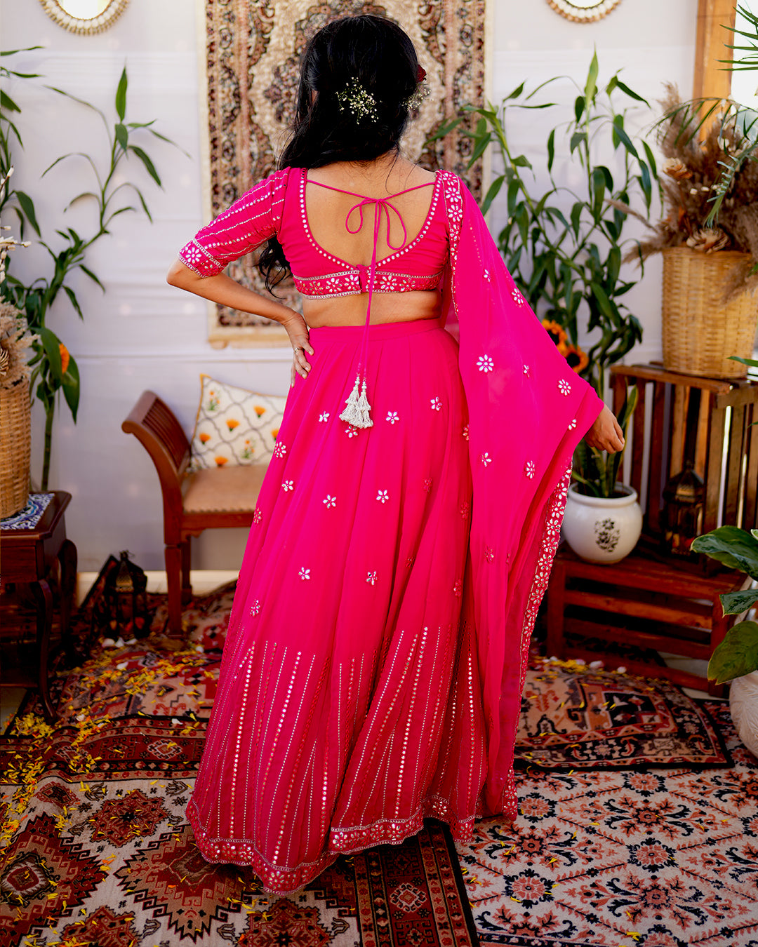 Rani Pink Illusion Mirror cut work Lehenga