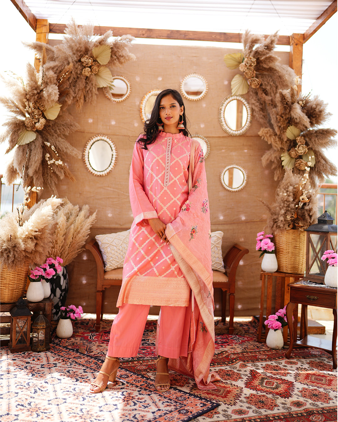 Metal pink pure cotton silk weaving salwar kameez set