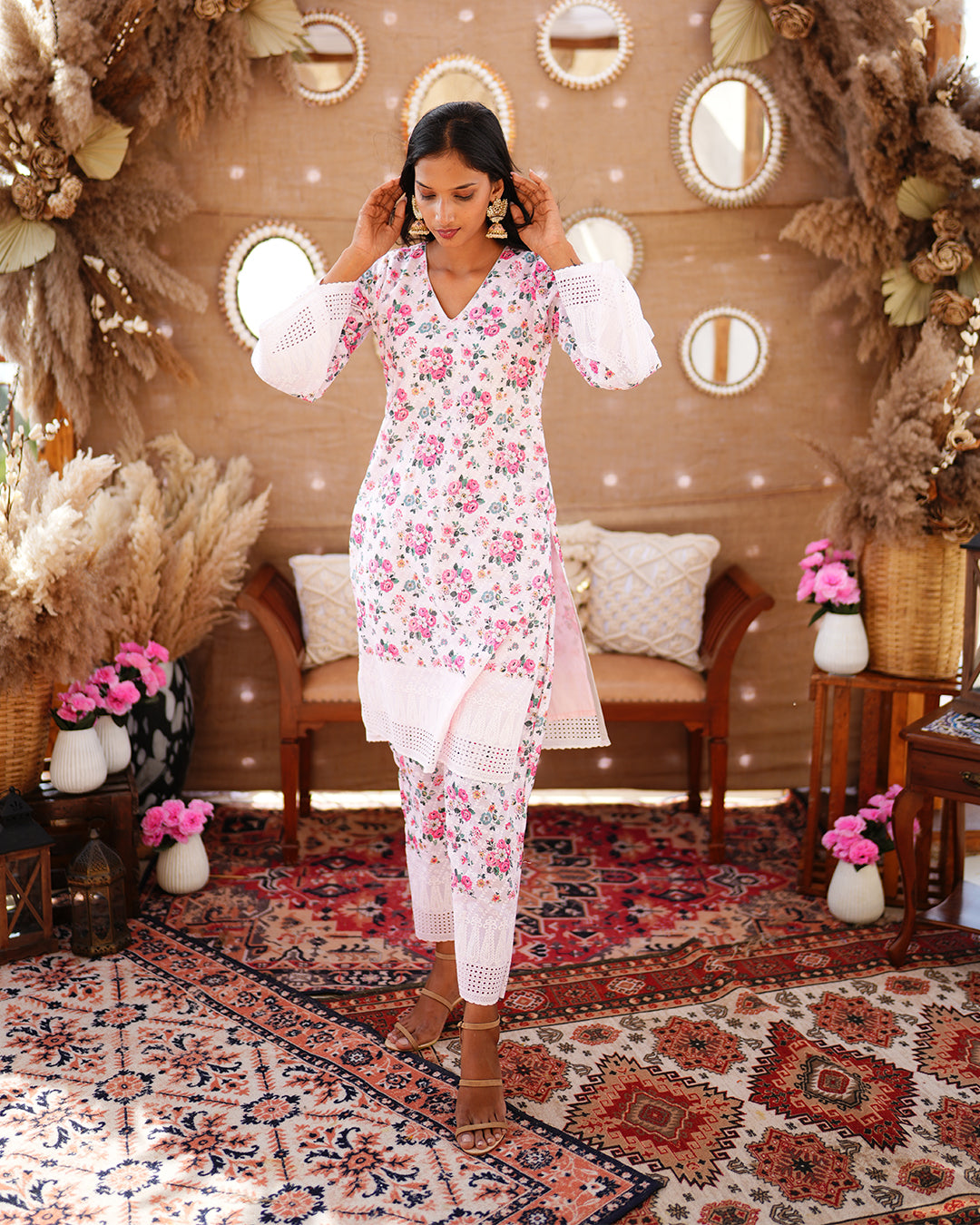 Powder Pink Cotton Sequence Thread work salwar suit