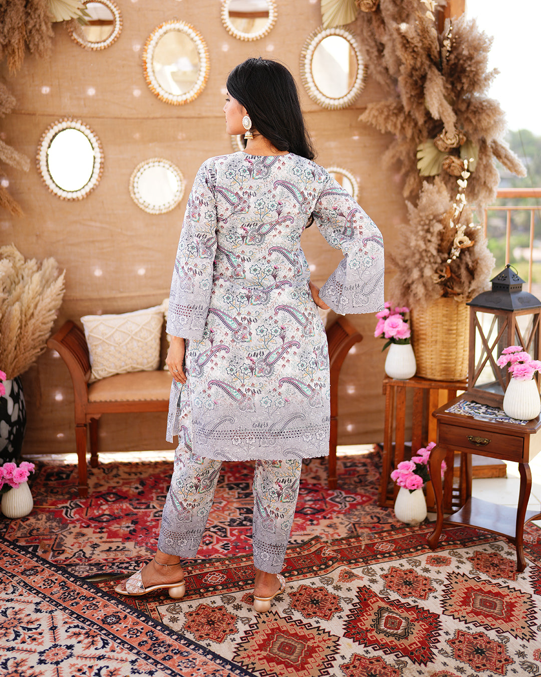 Ash Grey Cotton salwar suit with Bell sleeves