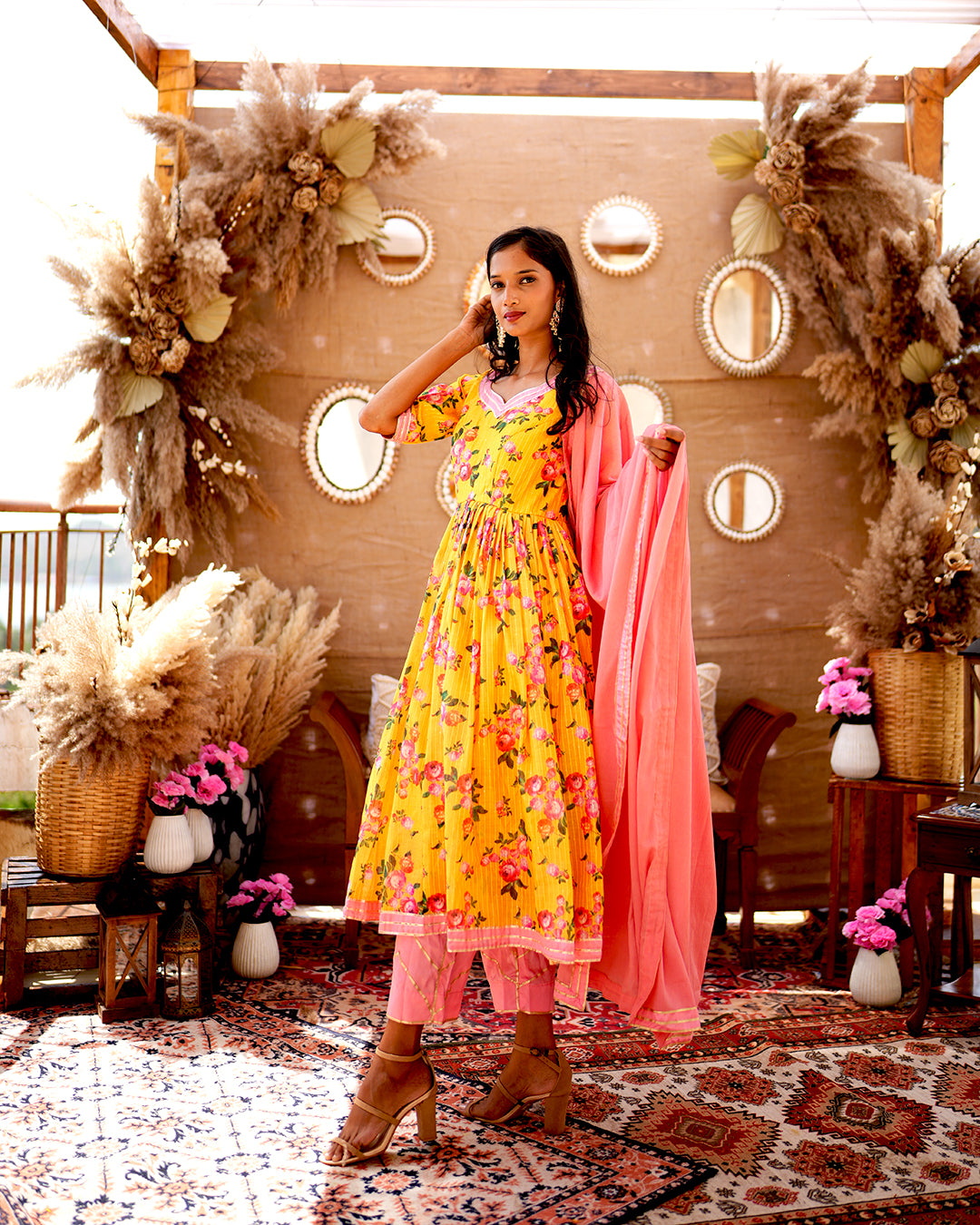 Yellow chanderi cotton anarkali set