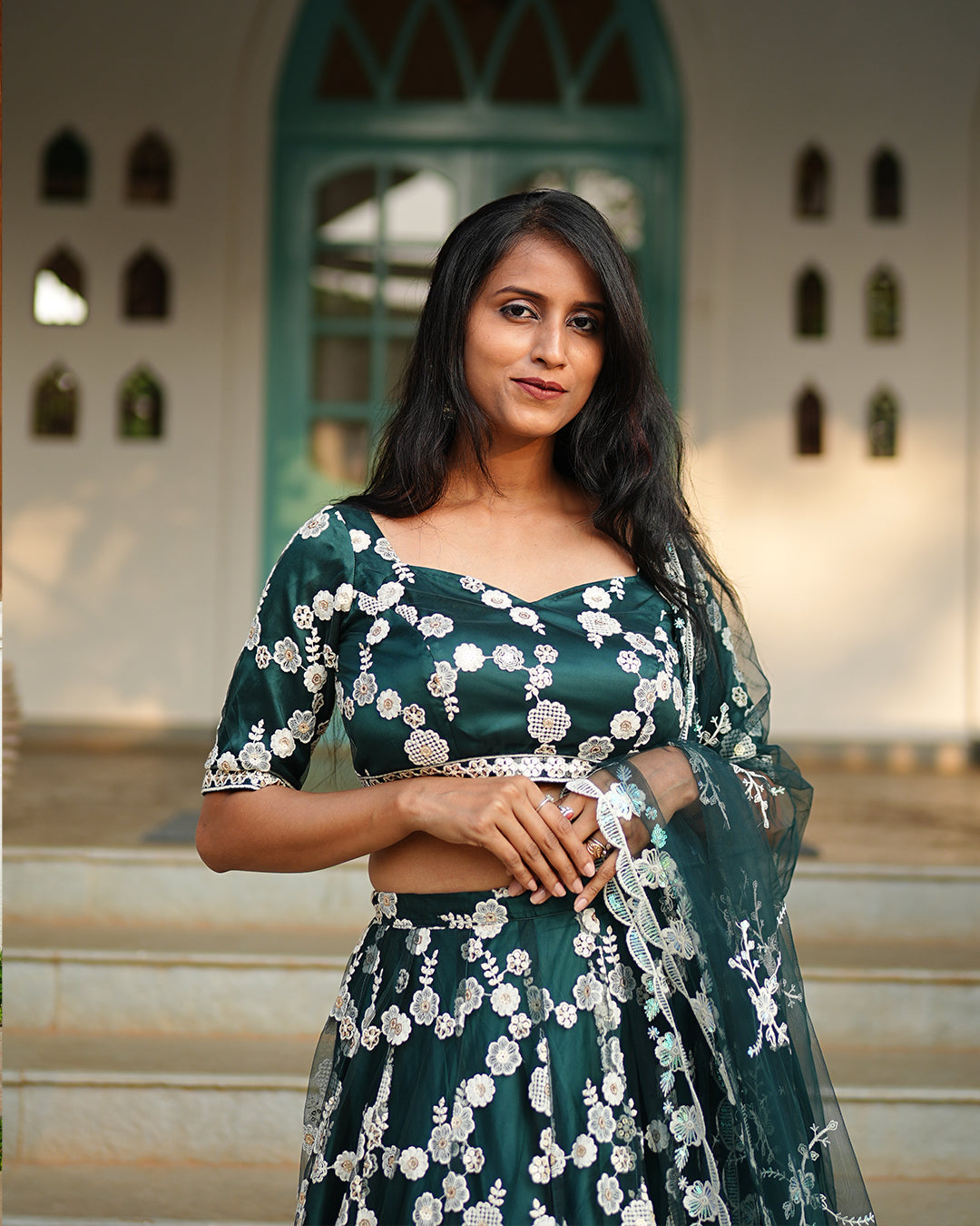 Dark Emerald green flower embroidered