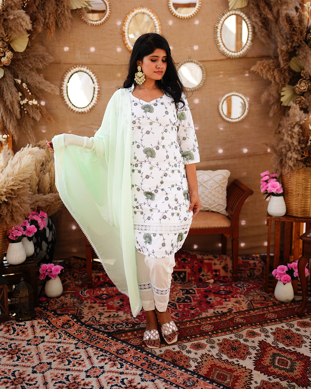White Pure Cotton Salwar suit with Thread work