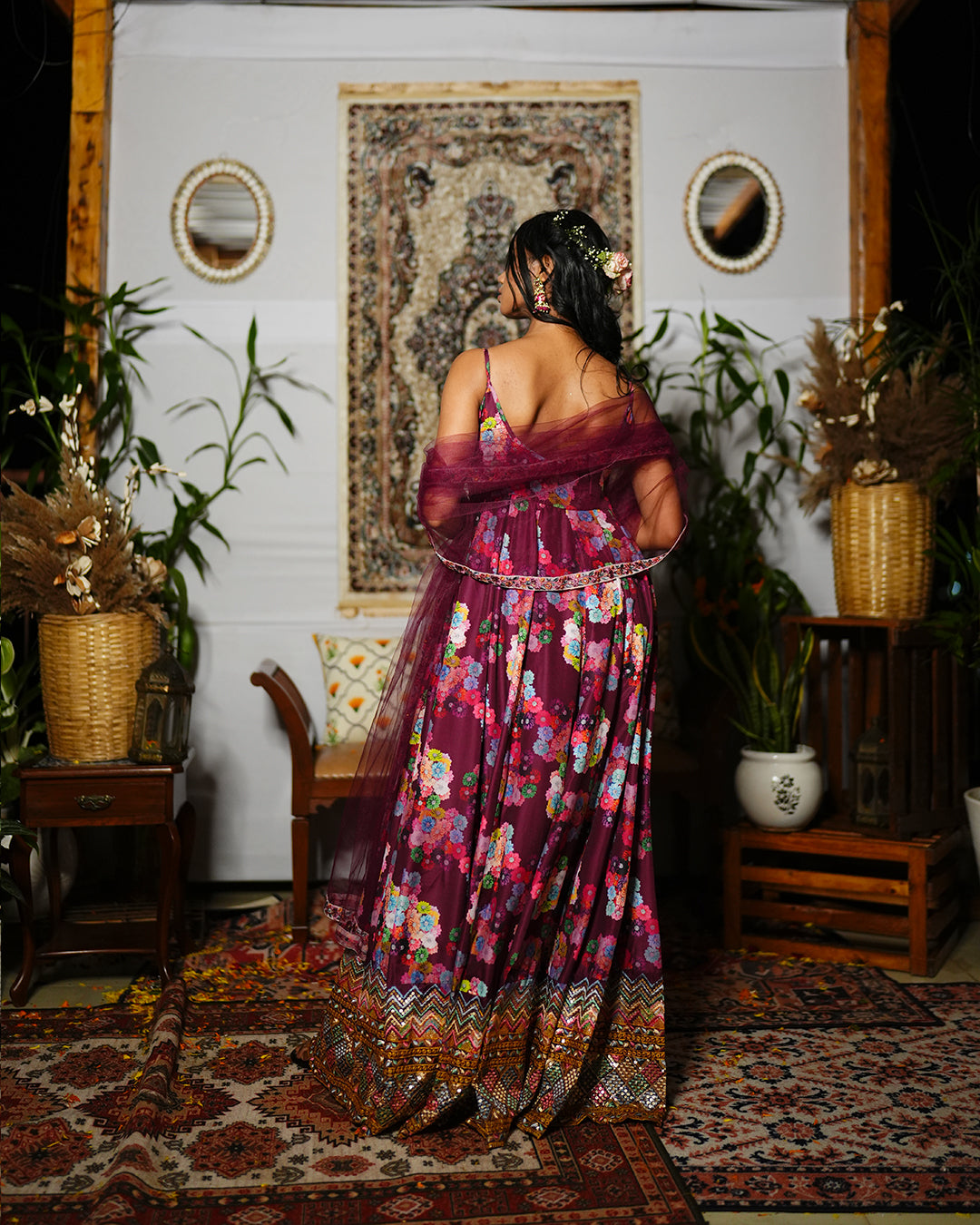 Wine abstract printed silk woven cotton anarkali set