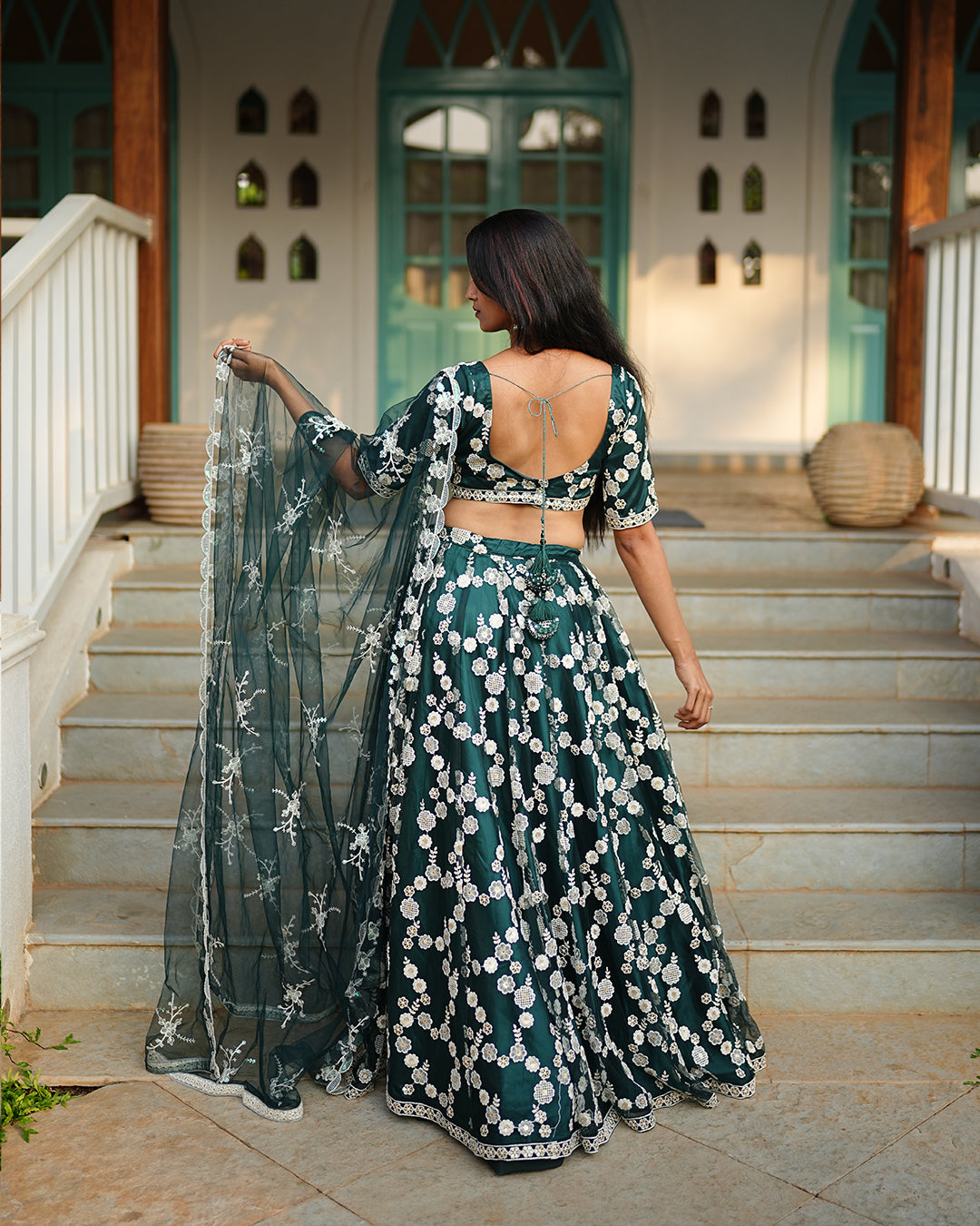 Dark Emerald green flower embroidered