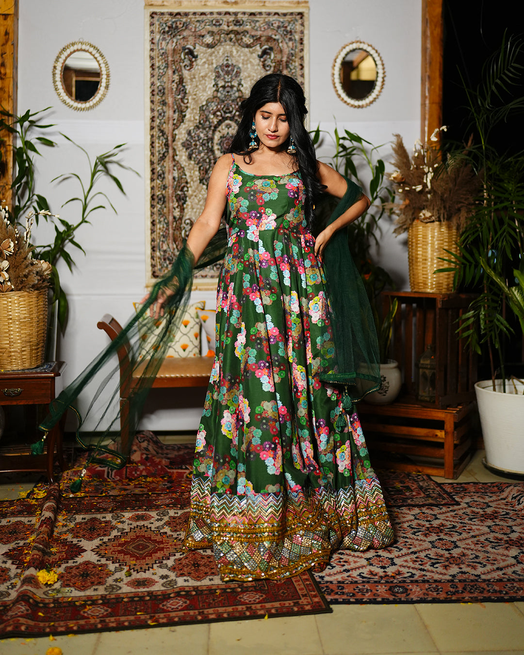 Dark green abstract printed silk woven cotton anarkali set
