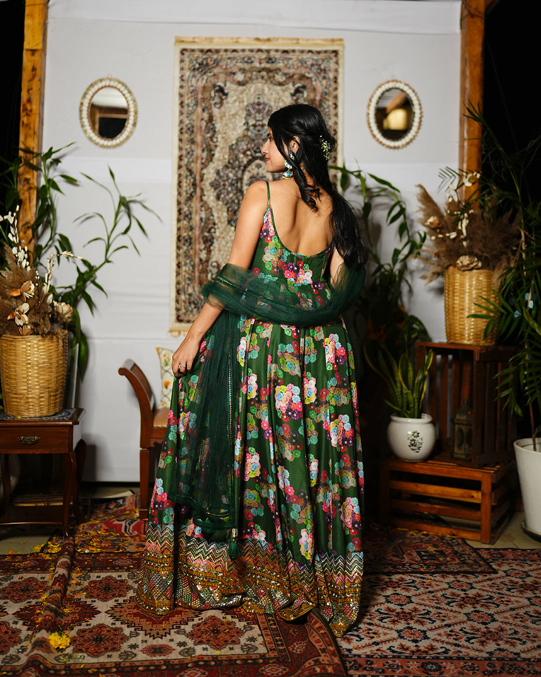Dark green abstract printed silk woven cotton anarkali set