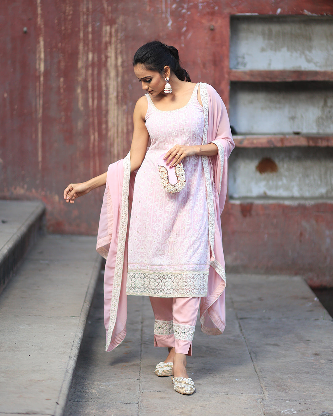 Dusky pink viscose georgette chikankari salwar suit