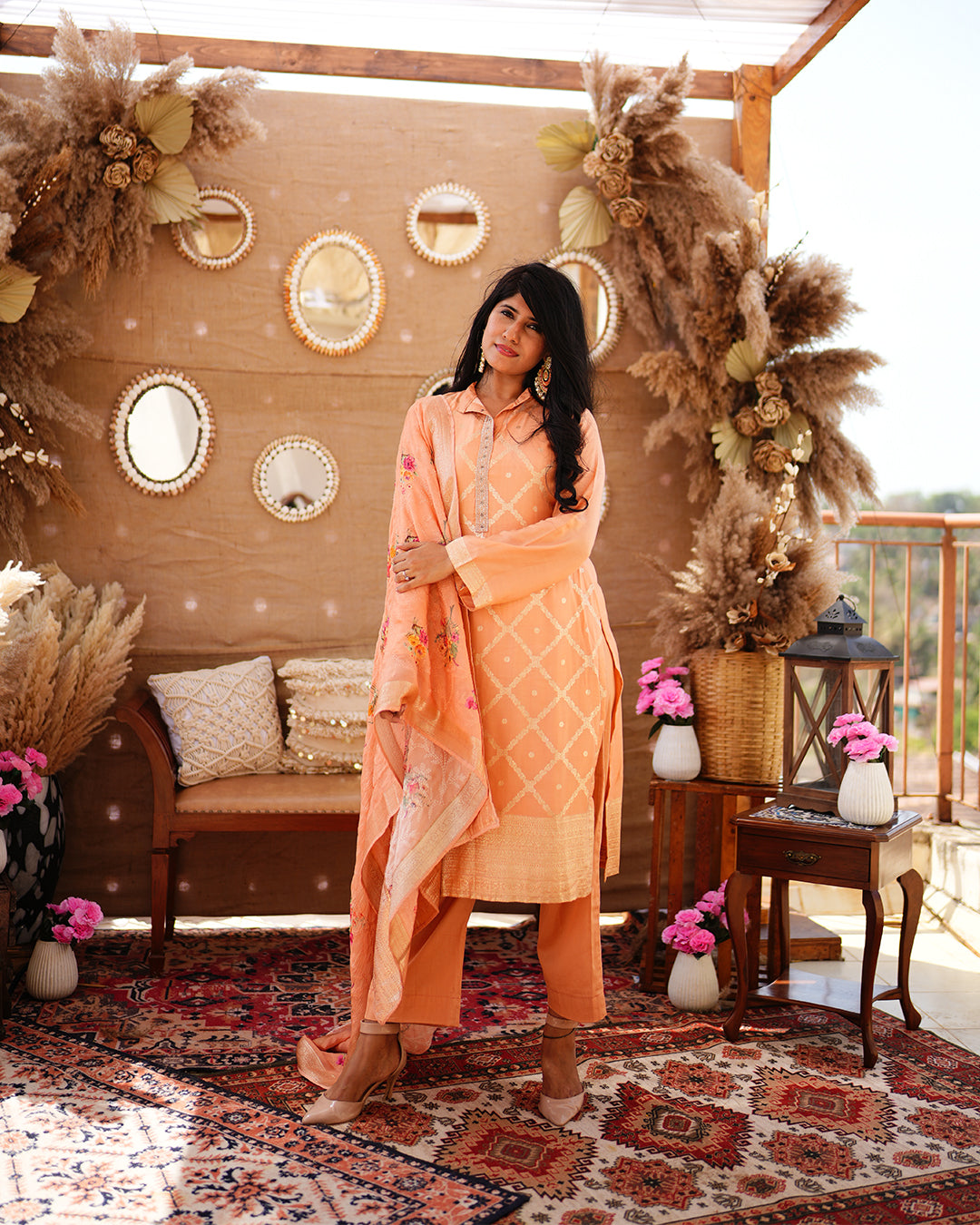 Metal peach pure cotton silk weaving salwar kameez set