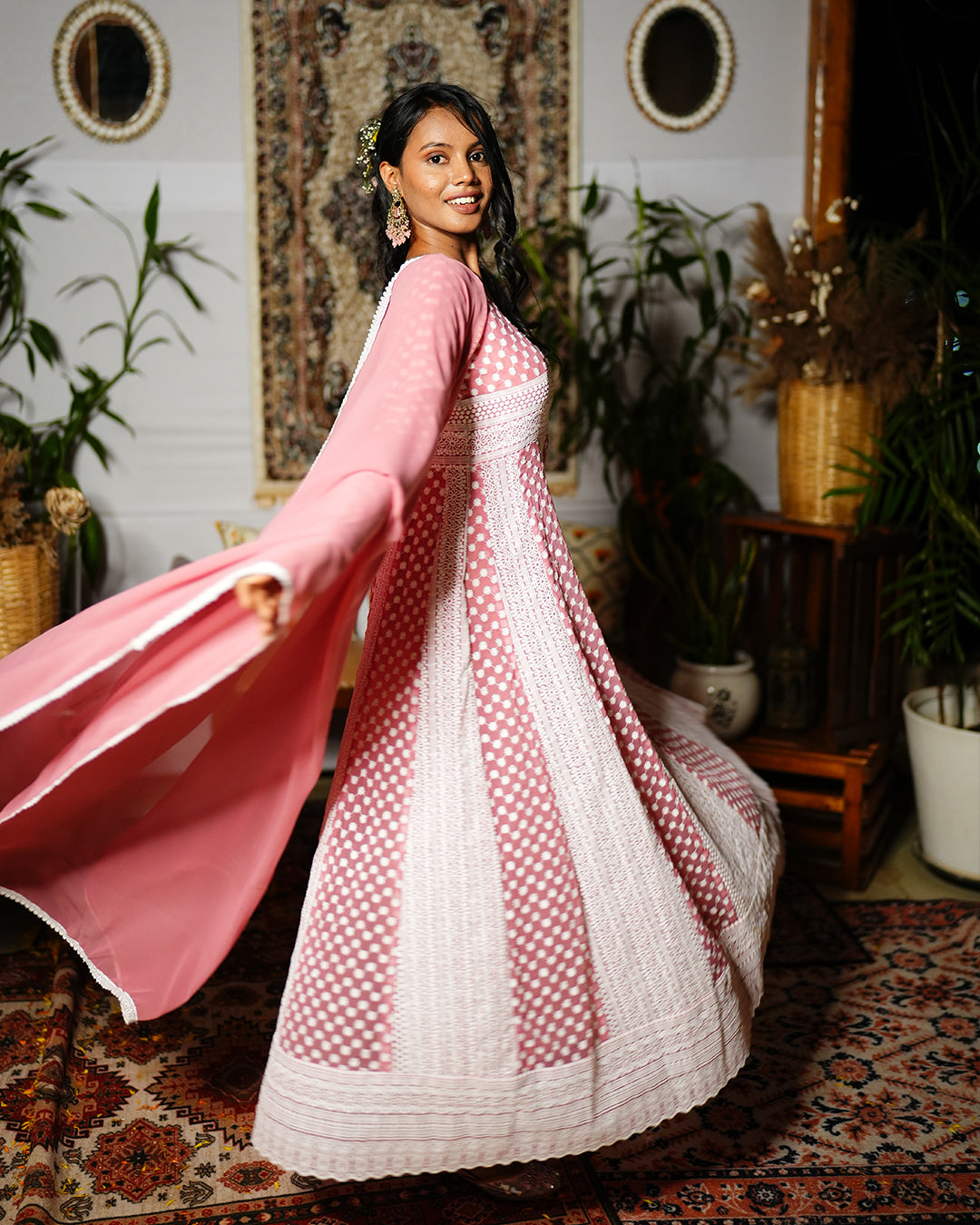 Dusky pink georgette chikankari anarkali