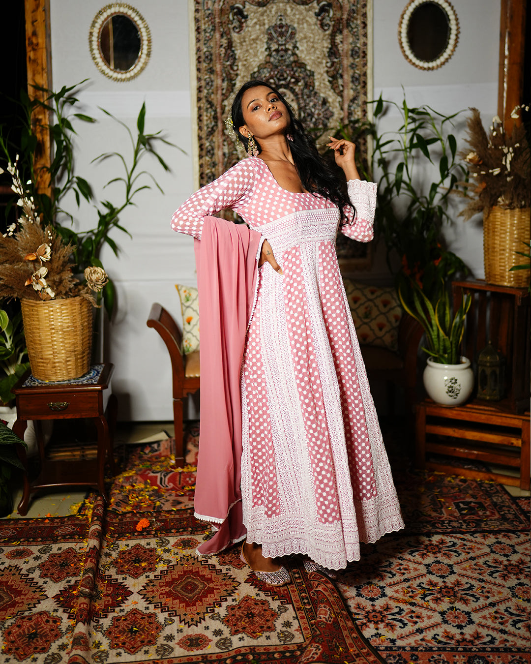 Dusky pink georgette chikankari anarkali